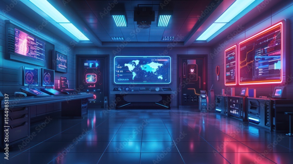 Futuristic digital interface and control panel with complex data displays infographic elements and neon lighting in a cyberpunk inspired environment The image suggests a high tech Futuristic digital interface and control panel with complex data displays infographic elements and neon lighting in a cyberpunk inspired environment The image suggests a high tech