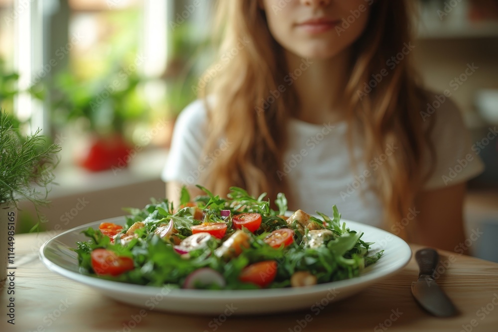 Intermittent fasting with clock, close up young woman, girl diet, waiting time to eat ketogenic low carb, green vegetable salad on plate. Eat food healthy first meal on brunch, lunch on table at, Gene Intermittent fasting with clock, close up young woman, girl diet, waiting time to eat ketogenic low carb, green vegetable salad on plate. Eat food healthy first meal on brunch, lunch on table at, Gene