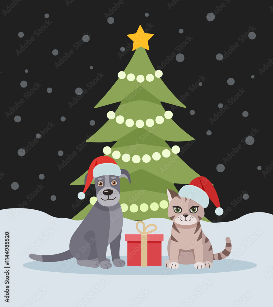 Cute cat and dog near the New Year tree. Christmas card with cat and dog. Happy holidays. Greeting concept. Ideal for print, postcard or label. New Year card. Cute cat and dog near the New Year tree. Christmas card with cat and dog. Happy holidays. Greeting concept. Ideal for print, postcard or label. New Year card.