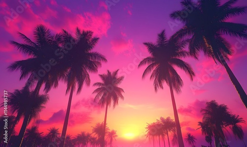 Palm Oasis, Striking Sunset with Purple and Pink Shades Embracing Tall Palm Trees