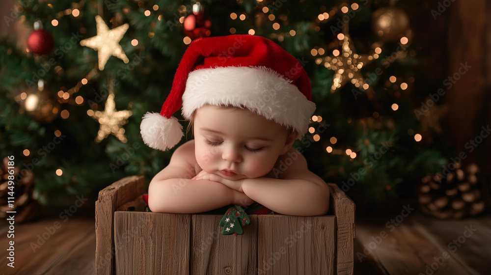 A thoughtful child wearing a classic red Santa Claus hat, their small hands resting on an unwrapped gift box, with a glowing Christmas tree adorned with golden stars in the backgro A thoughtful child wearing a classic red Santa Claus hat, their small hands resting on an unwrapped gift box, with a glowing Christmas tree adorned with golden stars in the backgro
