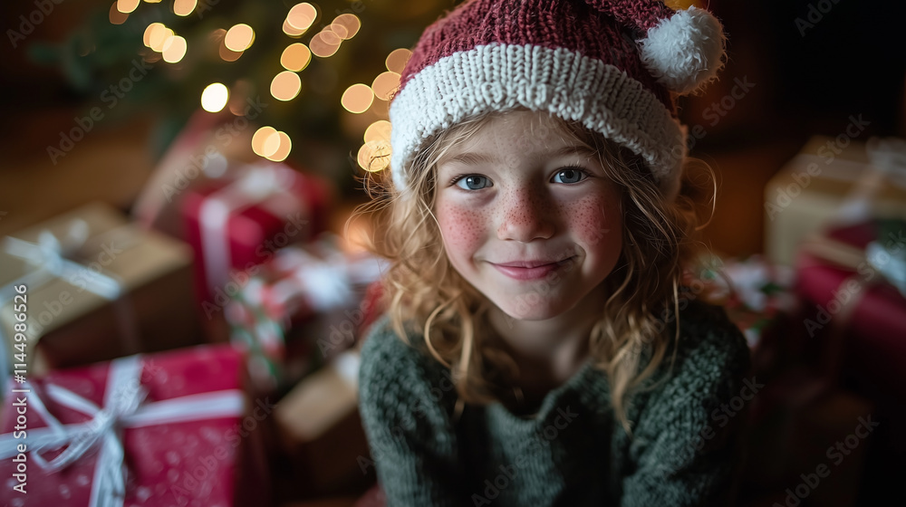A child with rosy cheeks wearing a hand-knitted Santa hat, sitting amidst piles of wrapped gifts, with a blurry, colorfully lit Christmas tree glowing in the distance. A child with rosy cheeks wearing a hand-knitted Santa hat, sitting amidst piles of wrapped gifts, with a blurry, colorfully lit Christmas tree glowing in the distance.