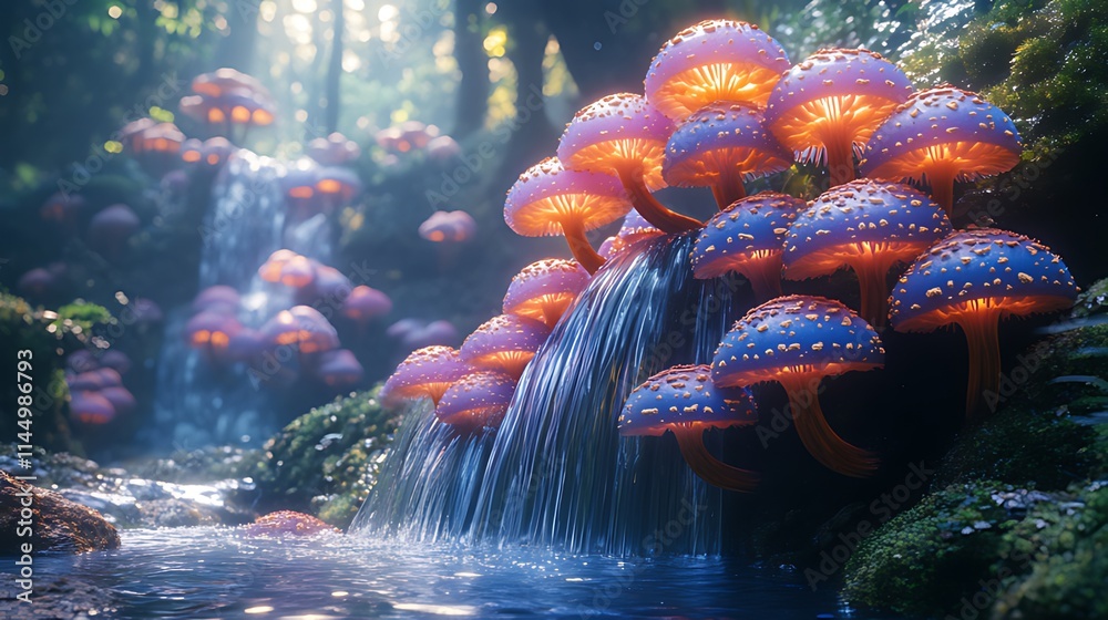 Obraz premium Glowing mushrooms cluster near a cascading waterfall in a mystical forest.