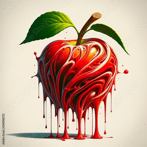 A red apple with a green leaf on top is dripping with red paint