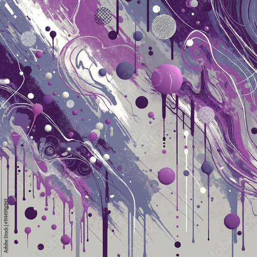 A painting of purple and white with many small circles