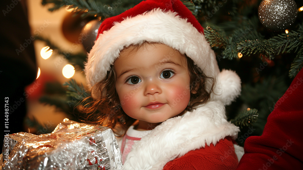A close-up of a toddler with sparkling eyes under a Santa Claus hat, sitting on a pile of gifts, framed by the soft glow of a Christmas tree decorated with silver and gold ornament A close-up of a toddler with sparkling eyes under a Santa Claus hat, sitting on a pile of gifts, framed by the soft glow of a Christmas tree decorated with silver and gold ornament