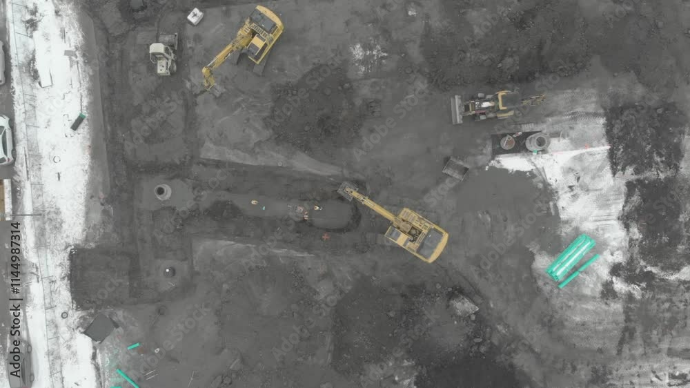 Cranes working in a quarry in the middle of winter Cranes working in a quarry in the middle of winter