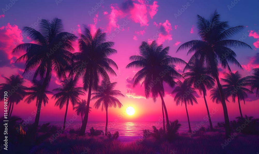 Palm Oasis, Striking Sunset with Purple and Pink Shades Embracing Tall Palm Trees Palm Oasis, Striking Sunset with Purple and Pink Shades Embracing Tall Palm Trees