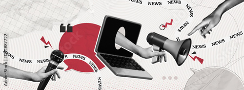 Trendy Halftone Collage with Megaphone, Laptop and Hands. Social media news and propaganda. Loudspeaker and microphone. Pop art design. Journalism and interview. Contemporary vector illustration art