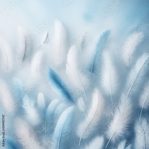 A large number of white feathers scattered across a blue background