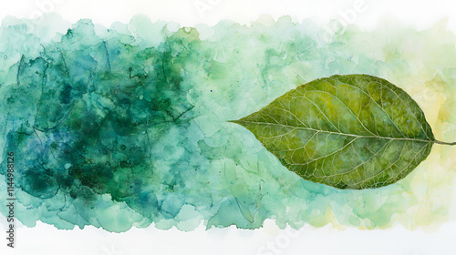 single green leaf is artistically depicted against watercolor background