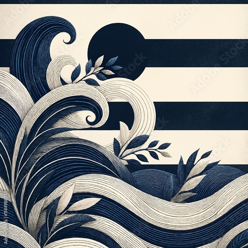 A painting of a wave with a leafy plant on it