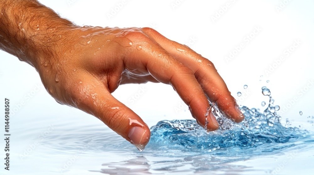 Fototapeta premium A hand reaches into clear blue water, making mesmerizing splashes that sparkle in the light