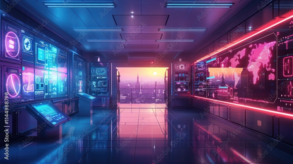 Futuristic cyberpunk inspired scene of a glowing neon lit interior hallway or control room with advanced technological interfaces holographic displays Futuristic cyberpunk inspired scene of a glowing neon lit interior hallway or control room with advanced technological interfaces holographic displays