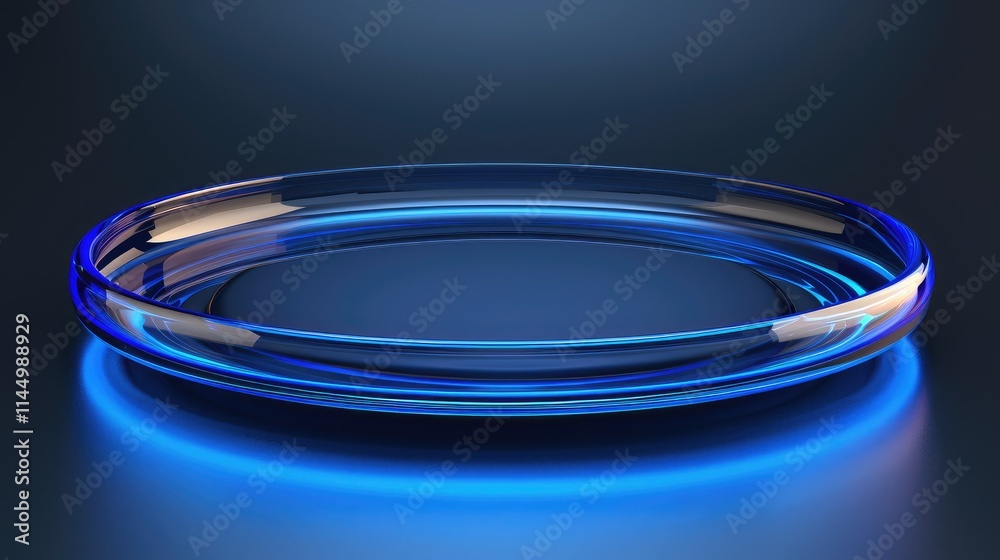 A clear glass petri dish illuminated with blue light, emphasizing its scientific purpose. A clear glass petri dish illuminated with blue light, emphasizing its scientific purpose.