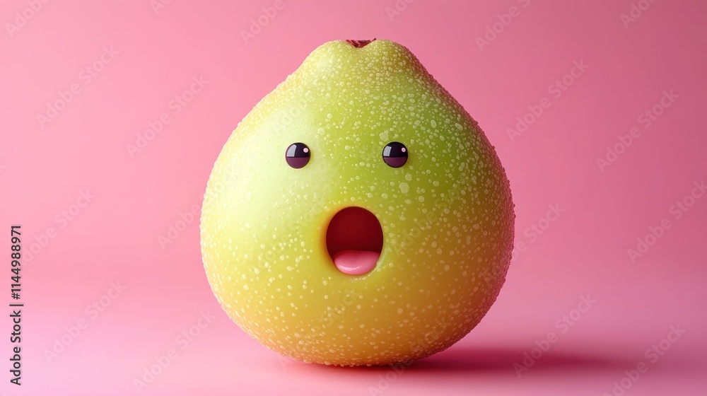 A whimsical pear displays a shocked expression, adding charm to a playful pink backdrop A whimsical pear displays a shocked expression, adding charm to a playful pink backdrop
