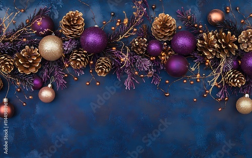 Christmas and New Year background with purple, gold, and copper pine cones, branches, balls, garlands, and glittering lights on a dark blue backdrop