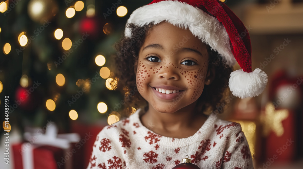 A child with vitiligo, their unique skin beautifully highlighted, wearing a Santa hat while holding an ornament, framed by a softly glowing Christmas tree and gifts. A child with vitiligo, their unique skin beautifully highlighted, wearing a Santa hat while holding an ornament, framed by a softly glowing Christmas tree and gifts.
