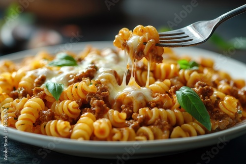 Fork lifting melted mozzarella from delicious pasta dish with basil garnish