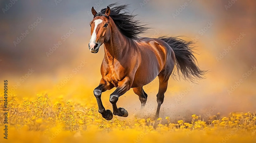 Obraz premium A majestic horse gallops through a vibrant field of yellow flowers.