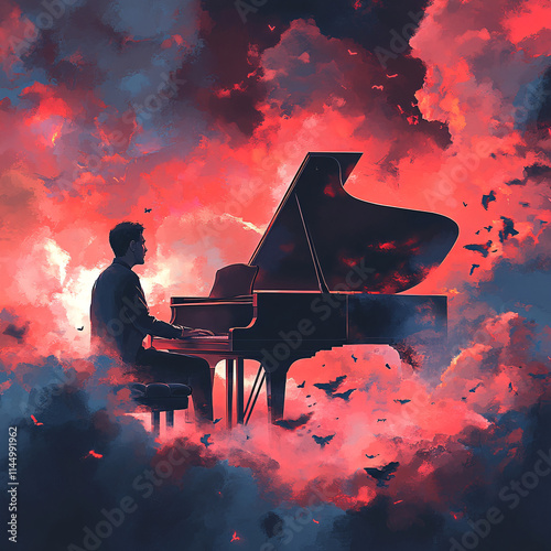 Silhouette of a Man Playing a Grand Piano Surrounded by Vivid Red and Blue Clouds in a Surreal and Dramatic Scene photo