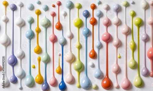 Colorful drops of liquid paint flow down, forming abstract vertical lines. photo