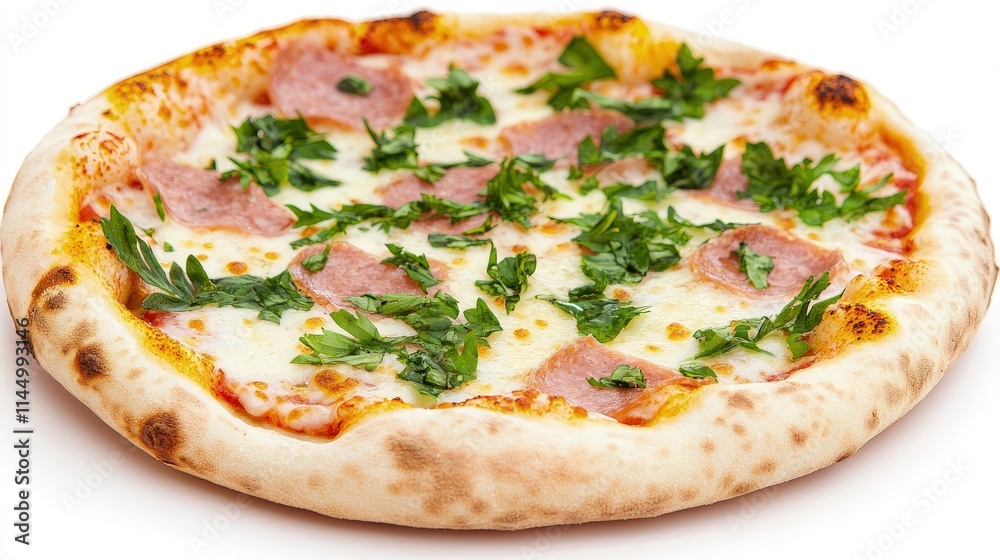 Delicious ham and parsley pizza on white background. Delicious ham and parsley pizza on white background.