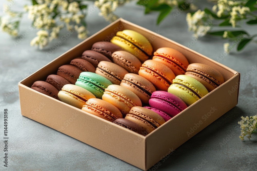Colorful macarons filling gift box on grey table Colorful macarons filling gift box on grey table