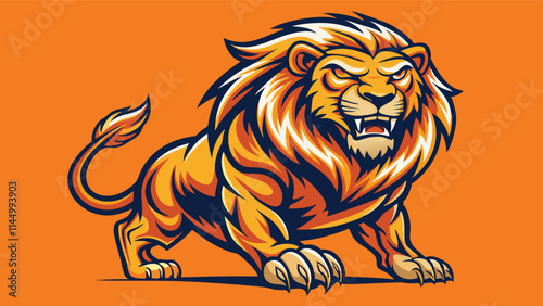 Bold and fierce lion mascot design with a striking red background highlighting its powerful stance and vivid details