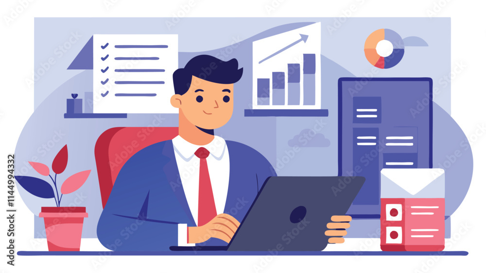 Business professional using laptop in modern workspace with charts and plants for productivity and creativity enhancement Business professional using laptop in modern workspace with charts and plants for productivity and creativity enhancement