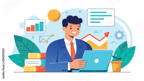 Business professional using laptop in modern workspace with charts and plants for productivity and creativity enhancement