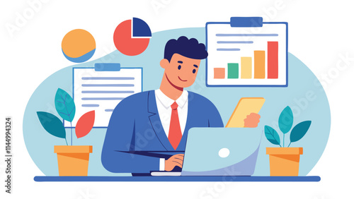 Business professional using laptop in modern workspace with charts and plants for productivity and creativity enhancement