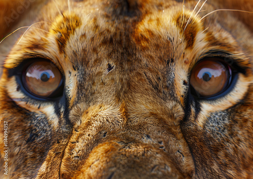 Close-up of a lion's face showing its large nose and fierce eyes. photo