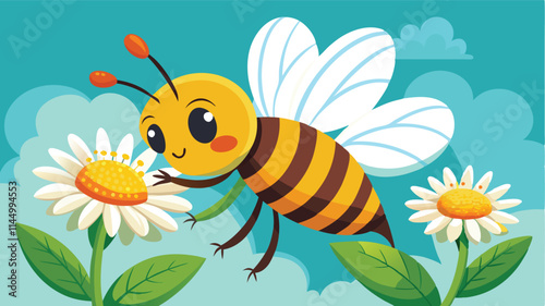 Colorful vector illustration of a cheerful bee interacting with vibrant flowers in a lush landscape during a sunny day