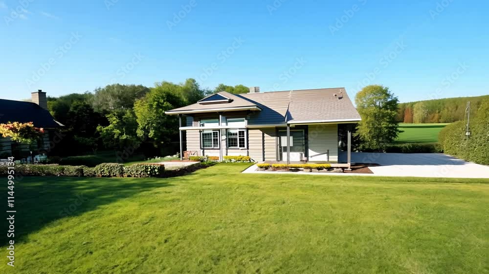 Tracking video of a modern farmhouse in a rural landscape with a porch and gardens Tracking video of a modern farmhouse in a rural landscape with a porch and gardens