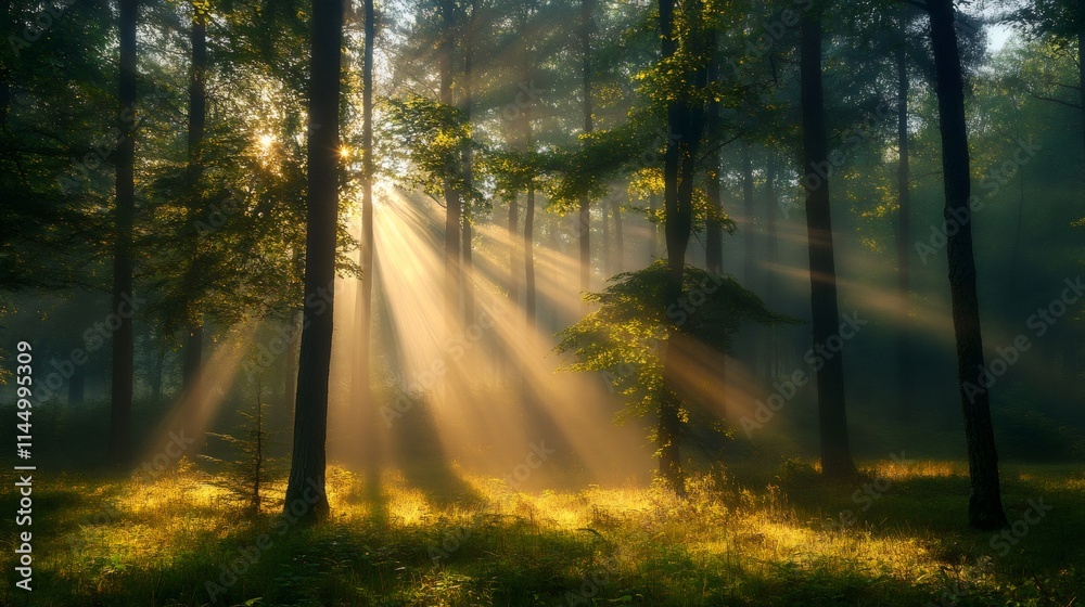 Obraz premium Morning sunlight shining through trees in misty forest
