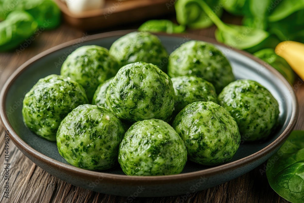 Spinach gnocchi resting on a rustic plate, fresh and appealing Spinach gnocchi resting on a rustic plate, fresh and appealing