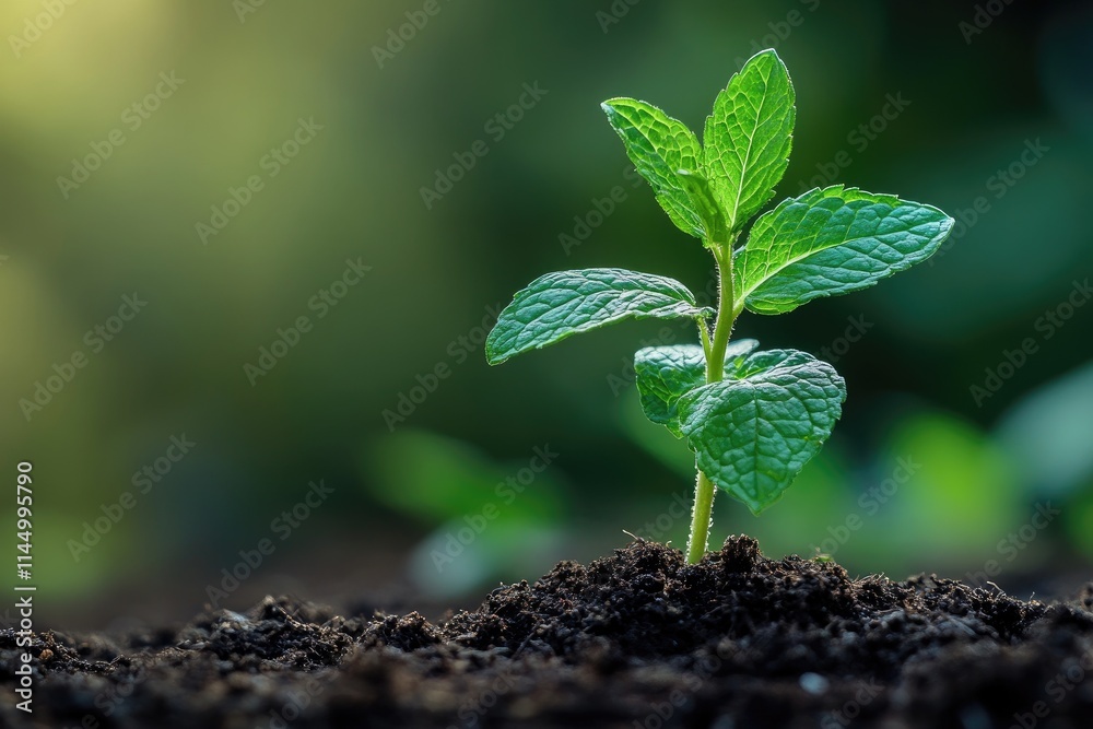 Young plant growing in fertile soil at sunset, representing new life and growth Young plant growing in fertile soil at sunset, representing new life and growth