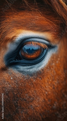 Chestnut horse showing brown eye and long eyelashes in close-up