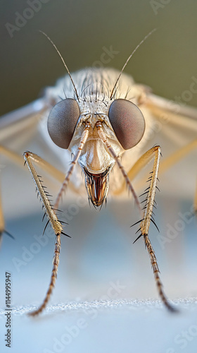 Macro Close-Up of a Mosquito with Detailed Compound Eyes, Slender Body, and Delicate Legs Showcasing Intricate Features photo