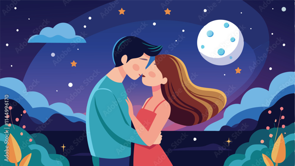 Couple shares a romantic kiss under a starry night sky surrounded by silhouettes of trees and the moon shining brightly Couple shares a romantic kiss under a starry night sky surrounded by silhouettes of trees and the moon shining brightly