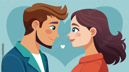 Couple gazing lovingly at each other with hearts in background symbolizes romance and affection in a playful vector design