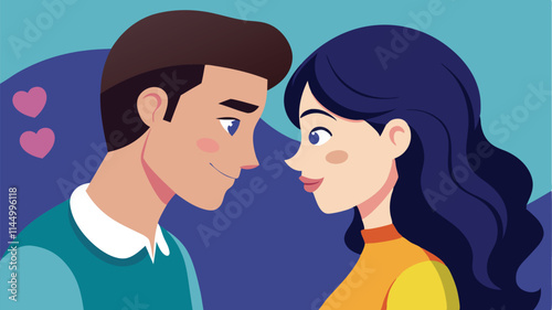 Couple gazing lovingly at each other with hearts in background symbolizes romance and affection in a playful vector design