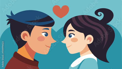 Couple gazing lovingly at each other with hearts in background symbolizes romance and affection in a playful vector design