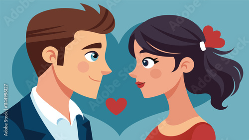 Couple gazing lovingly at each other with hearts in background symbolizes romance and affection in a playful vector design