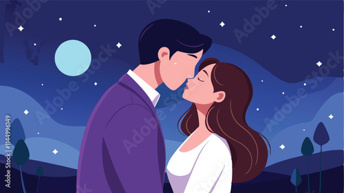 Couple shares a romantic kiss under a starry night sky surrounded by silhouettes of trees and the moon shining brightly