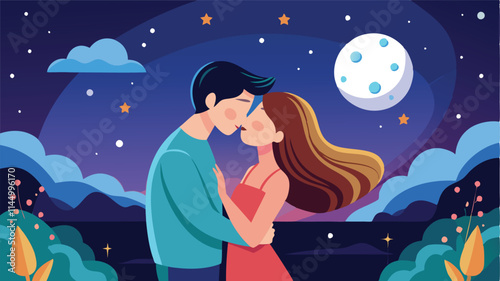 Couple shares a romantic kiss under a starry night sky surrounded by silhouettes of trees and the moon shining brightly