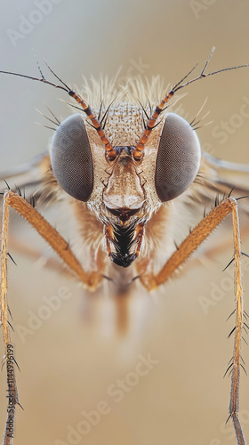 Macro Close-Up of a Mosquito with Detailed Compound Eyes, Slender Body, and Delicate Legs Showcasing Intricate Features photo