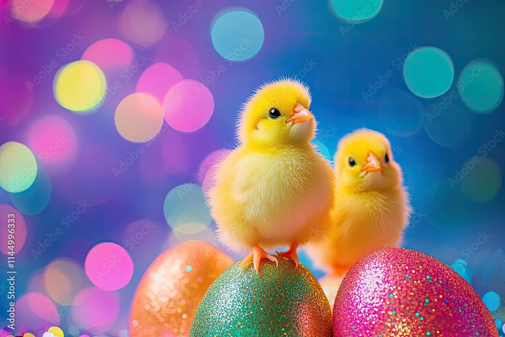 Easter chicks perched atop glowing Easter eggs in a vibrant setting Easter chicks perched atop glowing Easter eggs in a vibrant setting