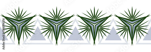 Green ornamental geometric fantasy seamless border. Artistic background from stars and triangles. Unusual geometric star mandala. Triangle ornament vector illustration.